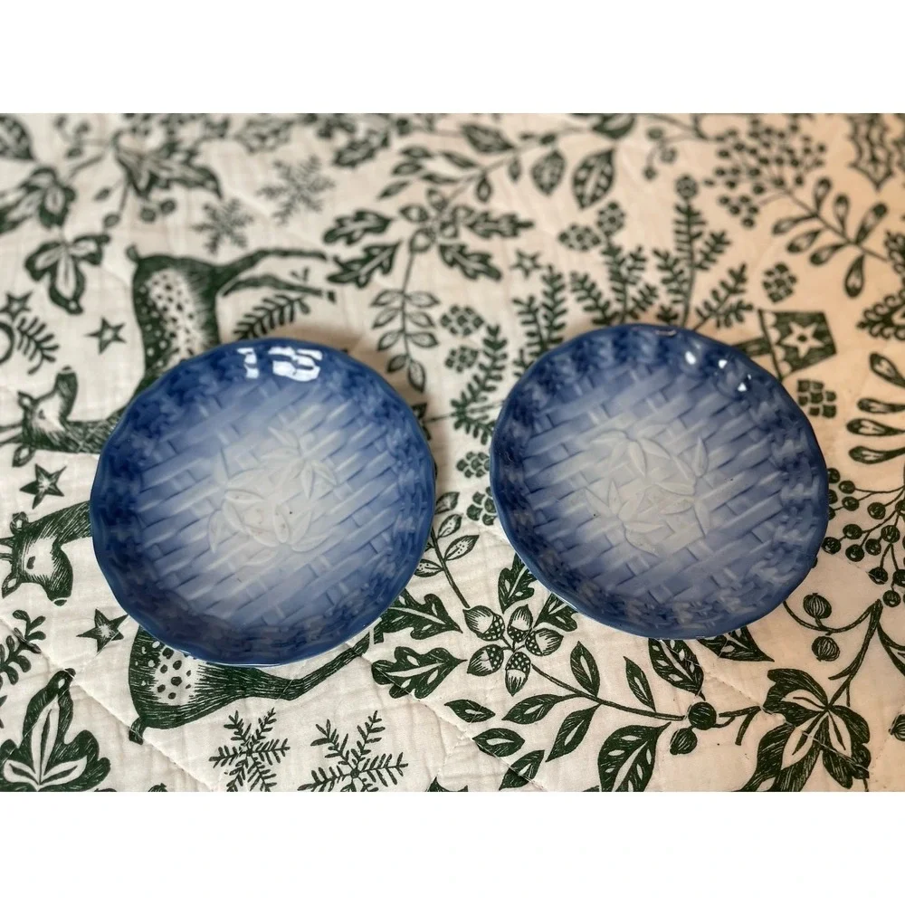 Vintage made in Japan Cherry Blossom Dish Plate Set For‎ 2 Blue & Pink Bamboo